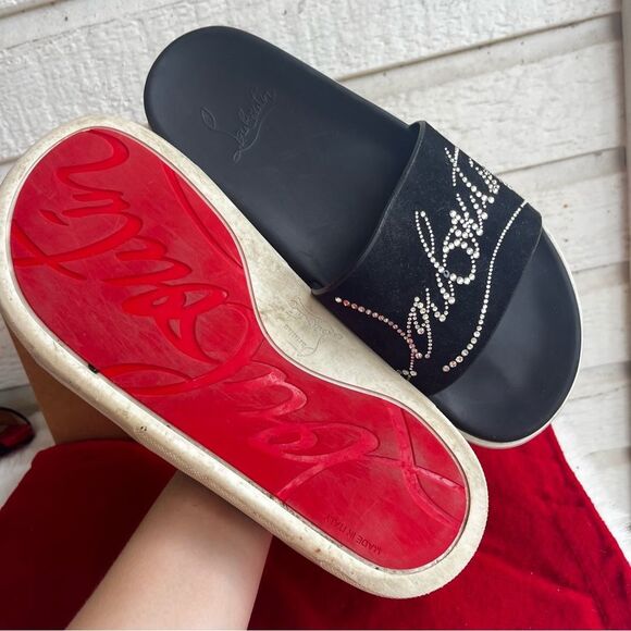 CHRISTIAN LOUBOUTIN SUEDE black Diamanté Crystal Slides Sandals Sz. 37 - Picture 8 of 9